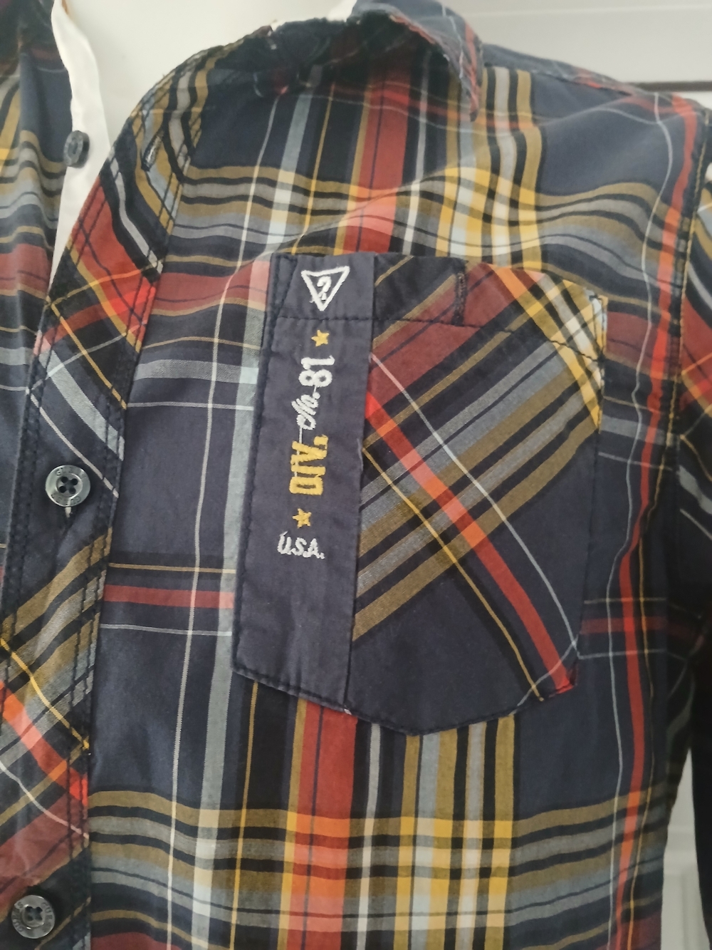 Guess Men's Plaid Button-Down Shirt in Navy, Red & Yellow - Picture 6 of 14
